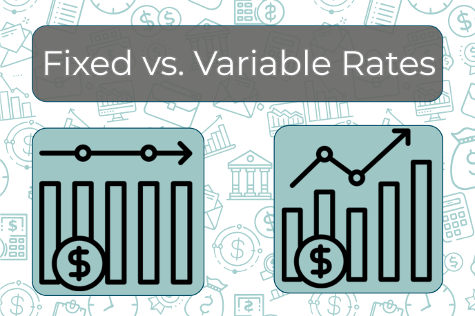 Text at the top of the image reads: Fixed vs Variable Rates with two bar charts beneath it.