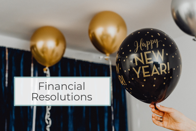 Text in a white text box says Financial Resolutions. A blurry background behind it shows gold balloons floating to the ceiling, and to the right is a hand holding a black balloon with the words "Happy New Year" in gold lettering.